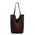 Fashionable dark brown suede tote bag with black leather trim and long shoulder straps - Brown
