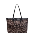 Bolso tote grande con estampado de leopardo, asas de cuero negro y estilo retro - Negro