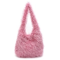 Bolso hobo rosa de pelo largo sintético con textura esponjosa para la moda de otoño - rosa intenso
