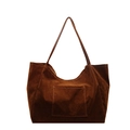 Minimalist dark brown suede tote bag with front pocket and long slim shoulder straps - Brown