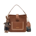 Bolso cubo de cuero PU marrón con correa de jacquard colorida y colgante de conejo - Marrón