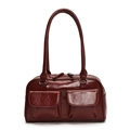 Deep red vintage PU leather shoulder bag with glossy finish and dual front pockets - Red