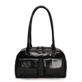 Chic black glossy PU leather shoulder bag with symmetrical front flap pockets and silver hardware - Black