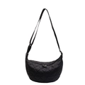 Minimalist black quilted crescent crossbody bag with adjustable wide fabric strap - Black