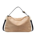 Sac à main chic en daim camel avec bandoulières en cuir noir et détails dorés - Kaki