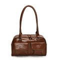 Vintage brown PU leather shoulder bag with front flap pockets and dual zippers - Brown