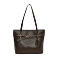 Deep brown vintage leather tote bag with long shoulder strap and golden metal hooks - Coffee
