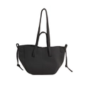 Minimalist black PU leather tote bag with dual handles and side drawstring details - Black