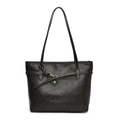 Minimalist black oil wax leather tote bag for women featuring vintage metal buckle detail - Black