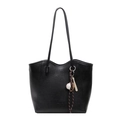 Minimalist black PU leather tote bag for women with baseball charms and shoulder straps - Black
