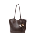 Deep brown PU leather tote bag with wavy top edge and baseball glove charm - Coffee