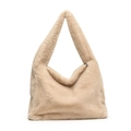 Minimalist beige plush shoulder hobo bag for women with soft faux fur texture - Khaki