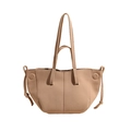 Minimalist beige PU leather tote bag with side knot detail and long shoulder strap - Khaki