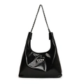 Borsa hobo alla moda in pelle PU nera lucida con borchie a cuore argento e catena - Nero