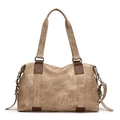 Retro large canvas tote bag in vintage light brown with durable leather trim - Khaki