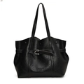 2024 Fashion black PU leather tote bag with pleated texture and adjustable buckle straps - Black