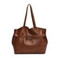 Minimalist vintage dark brown PU leather tote bag with stylish decorative buckle strap - Brown