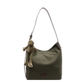 Bolso de hombro minimalista de lona verde oliva con correa de cuero y colgante de rana - Marrón y Verde