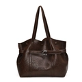 Fashion dark brown PU leather tote bag with oily texture and metallic buckle details - Brown