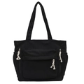 Minimalist black corduroy tote bag with side zippers and front flap pocket on white background - Black