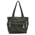 Dark green corduroy tote bag with front pocket and decorative white fringe tassels - Green