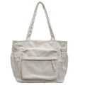 Chic beige corduroy tote bag with large front flap and woven rope zipper accents - Off White