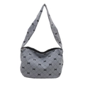 Light gray quilted corduroy tote bag with black bow patterns and wide shoulder strap - Blue