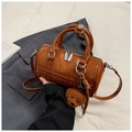 Chic vintage brown PU leather Boston bag with teddy bear charm and silver hardware - Brown With Bear Charm