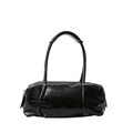 Borsa Boston in pelle cerata nera lucida con anelli in argento e tracolla - Nero
