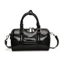 Fashionable black glossy PU leather Boston bag with silver hardware and shoulder strap - Black (Without Charm)