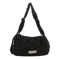 Borsa a tracolla nera trapuntata con spalline a pieghe ed etichetta alla moda - Nero