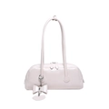 Minimalist cream white patent leather shoulder bag with chic bow and heart charms - White