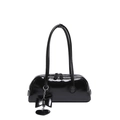 Minimalist black glossy PU leather handbag with sleek bow and heart charm details - Black