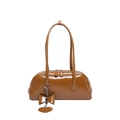 Chic brown faux leather shoulder bag with glossy finish and heart charm for women - Brown