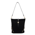Modische schwarze Eimertasche aus PU-Leder mit goldener Schnalle und Nietenbesatz - Schwarz