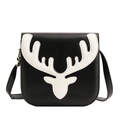 Minimalistische schwarze PU-Leder Umhängetasche mit weißem Rentierkopf-Applikationsdesign - Weiß und Schwarz