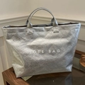 Minimalist silver metallic tote bag in glossy finish with TOTE BAG print - Silver