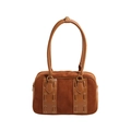 Borsa a spalla marrone in pelle sintetica e camoscio con cinturini verticali e oro - Marrone