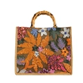 Bolso tote de lino con bordado de flores de lentejuelas y asas de bambú natural - Dorado