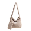 Minimalist oatmeal plush fleece shoulder bag with matching coin purse and wide strap - Apricot