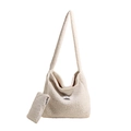 Plush cream white tote bag set with matching zipper coin pouch in soft faux fur - White