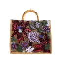 Bolso tote de lino con bordado floral de lentejuelas y asas de bambú naturales - Rojo