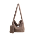 Brown fuzzy fleece hobo crossbody bag with matching zipper pouch and Muheti tag - Khaki