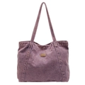 Chic purple washed canvas tote bag with brown leather label for casual autumn fashion - Purple