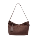 Dark brown suede hobo bag with minimalist design and removable leather tag details - Coffee