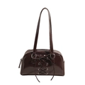 Dunkelbraune glänzende PU-Schultertasche mit dekorativer Schnürung und einer Schleife - Braun