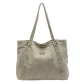 Retro army green large capacity washed canvas tote bag with leather logo detail - Green