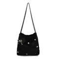 Bolso de hombro de felpa negra de moda con lazo de diamantes y adornos de perlas - Negro