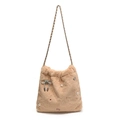Bolso de hombro de felpa caqui con lazo de diamantes de imitación y perlas - Caqui