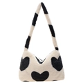 Borsa a spalla in peluche con motivo a cuore in ecopelliccia bianca e nera - Bianco Sporco